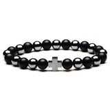 8mm Natural Stone Hematite Tiger Eye Agates Bracelet with Cross Alloy Decoration
