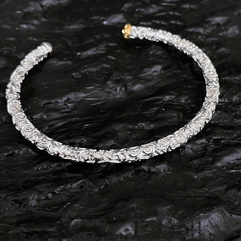 Silver Texture Bracelet for Women Girl Birthday Gift Vintage Jewelry