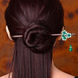 Chinoiserie Green Crystal Meatball Head Green Alloy Hair Sticks