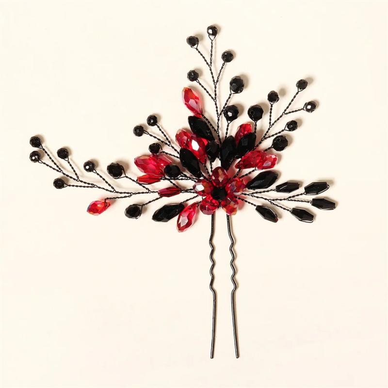 Efily Red Crystal Bridal Hair Accessories Wedding Bride Hairpins Set