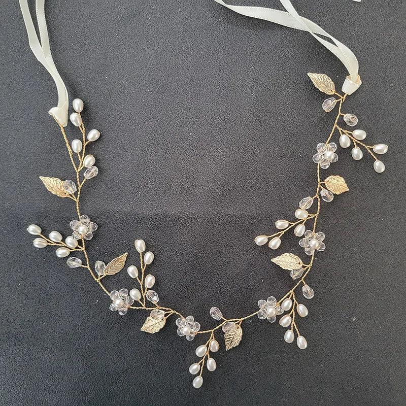 Rhinestone Pearl Bridal Headband Flower Leaf Hairpiece