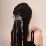 Punk Silver Butterfly Hair Sticks Green Rhinestones Tassel Hair Clips