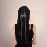 Punk Silver Butterfly Hair Sticks Green Rhinestones Tassel Hair Clips