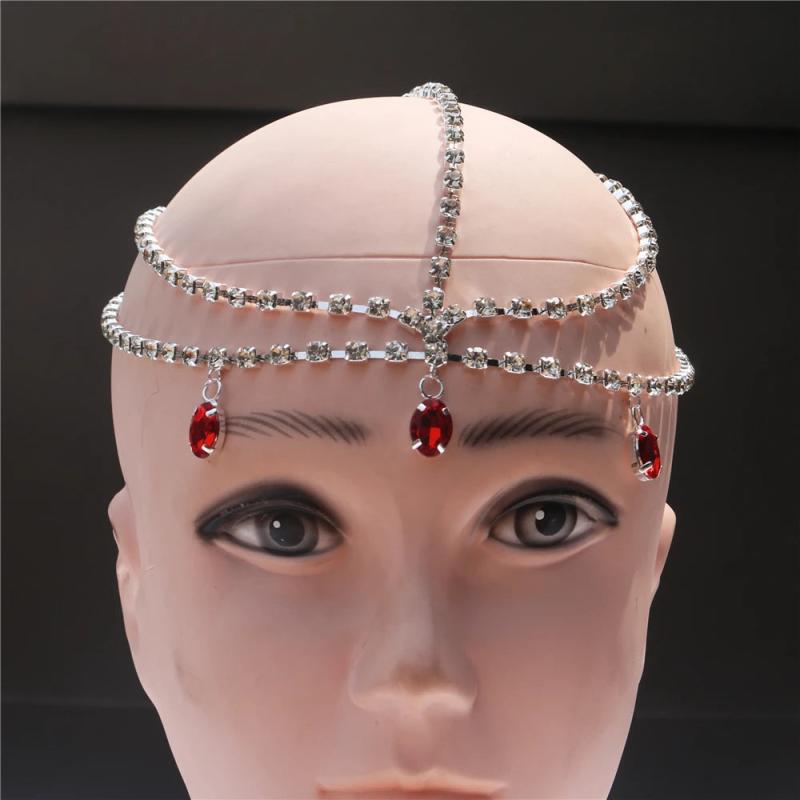 Red Drop Head Chain Bridal Hair Accessories Bohemia Forehead Chain