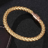 Golden Leather Hand Bracelet Rose Stainless Steel Magnet Wristband