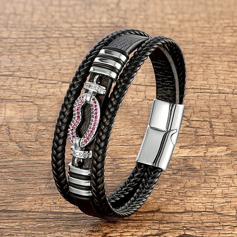 Braided Leather Bracelet Bangle with Cubic Zirconia