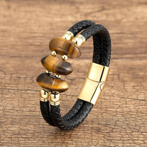 Natural Tiger Eye Bracelet Multilayer Stone Beaded Leather Men Bracelet