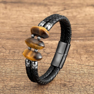 Natural Tiger Eye Bracelet Multilayer Stone Beaded Leather Men Bracelet