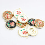 Enamel Charms Rose Flowers Coin Charms 10pcs for DIY Jewelry Making