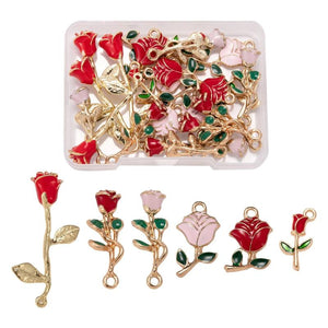 24Pcs Rose Flowers Alloy Enamel Charms for DIY Jewelry Making
