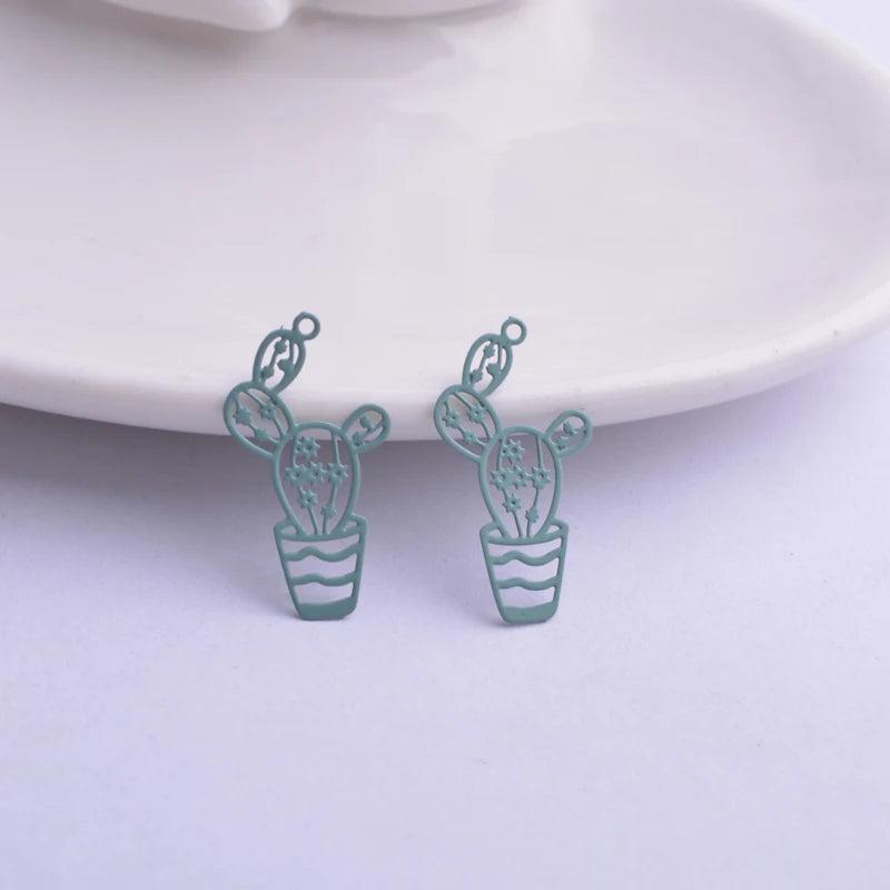 50pcs Filigree Cactus Charms Brass Plant Pendant DIY Earring