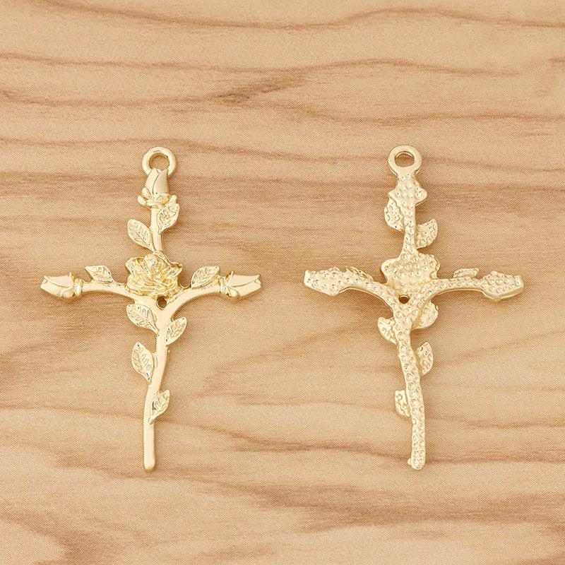 10 Cross Crucifix & Rose Flower Charms Pendants for Necklace Making 43x28mm