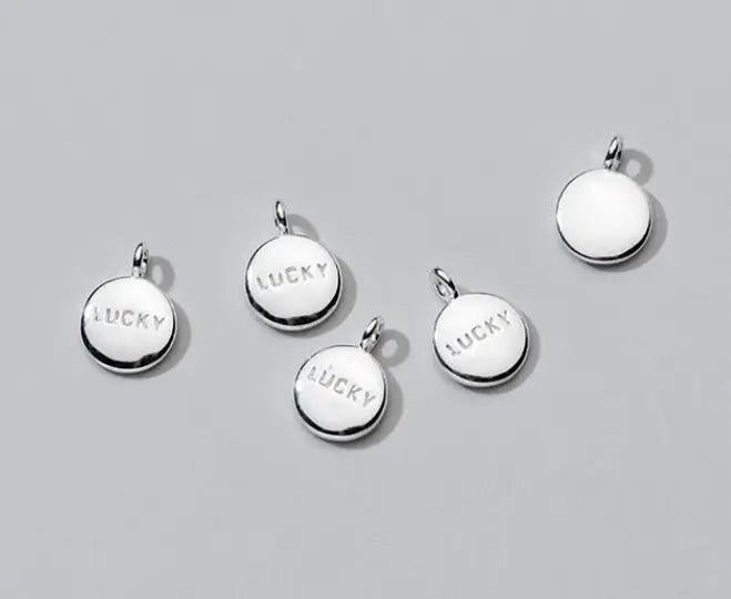 925 Silver Plated English Disc Pendants 6.5mm Round LUCKY Blessing Charms