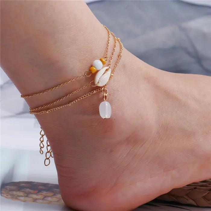 Multi-row Anklet with Metal Crescent Star and Opal Shell