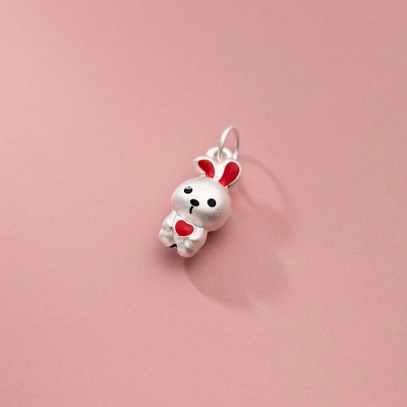 999 Pure Silver Rabbit Necklace Charm Red Ears Bunny Pendant DIY Jewelry