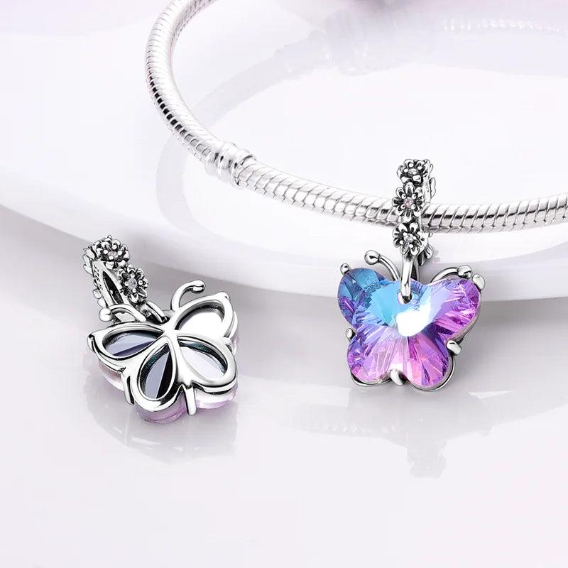 925 Silver Butterfly Glass Stone Charm Pendant