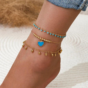 3pcs/set Heart-shaped Tassel Beads Chain Anklets for Women