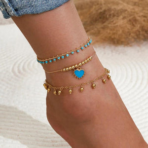 3pcs/set Heart-shaped Tassel Beads Chain Anklets for Women