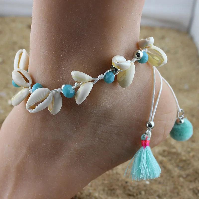 Beach Bohemia Anklet Crystal Beads Natural Shell Tassel Drop Ankle