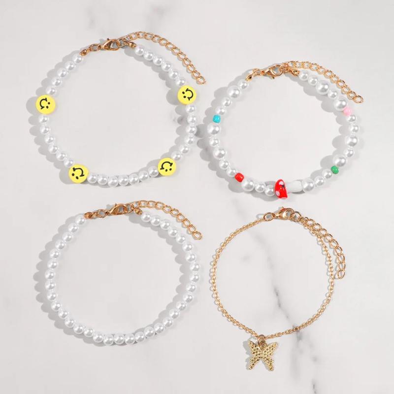 Colorful Mushroom Smiley Pearl Beaded Anklets for Women