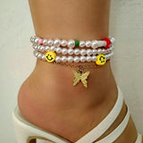 Colorful Mushroom Smiley Pearl Beaded Anklets for Women