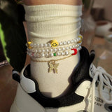 Colorful Mushroom Smiley Pearl Beaded Anklets for Women