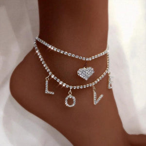 Punk Double Layer Tennis Chain Anklet Heart Pendants Ankle Chain Jewelry