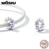 925 Sterling Silver Purple Flower Spacer Charm Bead Pendant