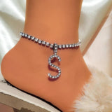 Summer Beach Rhinestone Initial Anklet Bracelet for Women