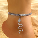 Boho Double Layer Crystal Chain Anklets Summer Beach Snake Pendant Anklet