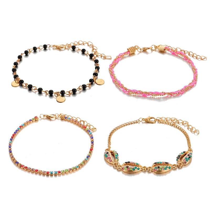 Bohemian Shell Bead Anklets with Clear Crystal Stone Rope
