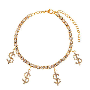 Rhinstone Money Sign Anklets Bracelet Crystal Tennis Chain Dollar Foot Jewelry