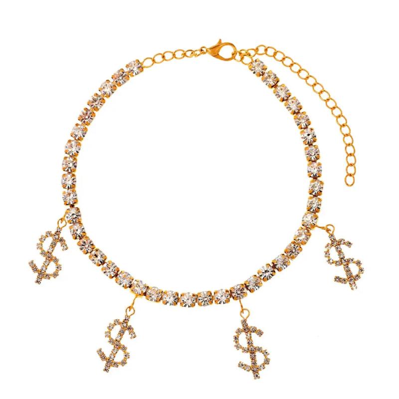 Rhinstone Money Sign Anklets Bracelet Crystal Tennis Chain Dollar Foot Jewelry