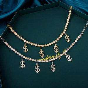 Rhinstone Money Sign Anklets Bracelet Crystal Tennis Chain Dollar Foot Jewelry