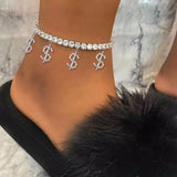 Rhinstone Money Sign Anklets Bracelet Crystal Tennis Chain Dollar Foot Jewelry