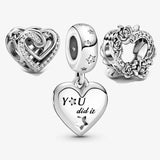 925 Silver Rose Flowers Heart & Stars Dangle Charm Bracelet Bangle DIY Jewelry