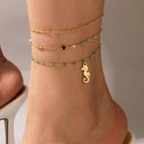 Docona Bohemian Green Bead String Seahorse Pendant Anklet Set