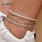 4pcs Pearls Anklet Set Rhinestone Chain Combination Pretty Jewelry