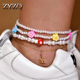 4pcs Pearls Anklet Set Rhinestone Chain Combination Pretty Jewelry