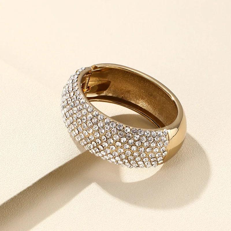 Vintage Crystal Stainless Steel Bangles for Women Wide Round Open Bracelet