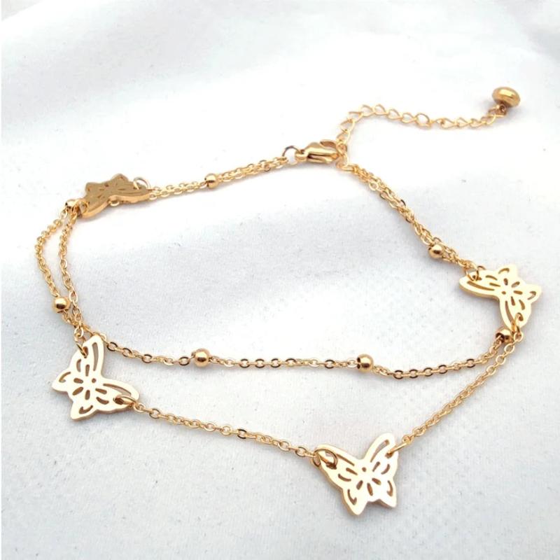 316L Stainless Steel Double Layer Round Beads Chain Butterfly Anklets