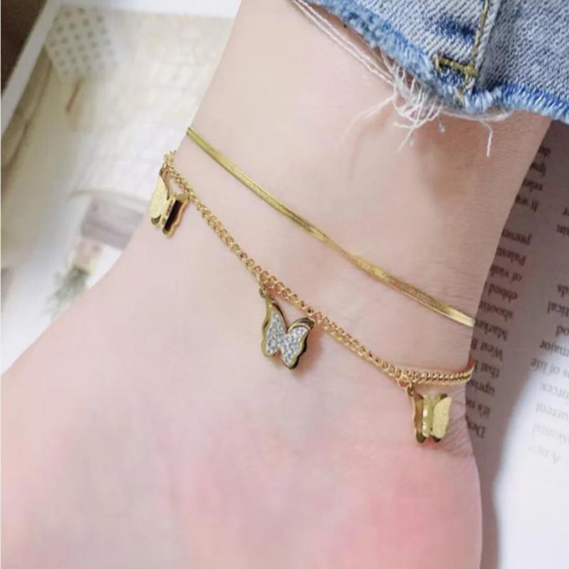 316L Stainless Steel Double Flat Snake Chain Zircon Butterfly Anklets