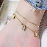316L Stainless Steel Double Flat Snake Chain Zircon Butterfly Anklets