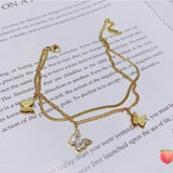 316L Stainless Steel Double Flat Snake Chain Zircon Butterfly Anklets