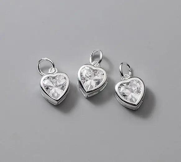 925 Silver Colorful Zircon Heart Charms Women Pendants DIY Jewelry
