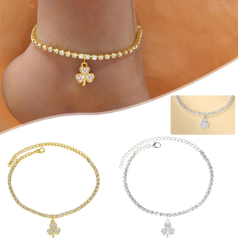 Rhinestone Anklet Bracelet Clover Pendant Alloy Wrist Ankle Chain
