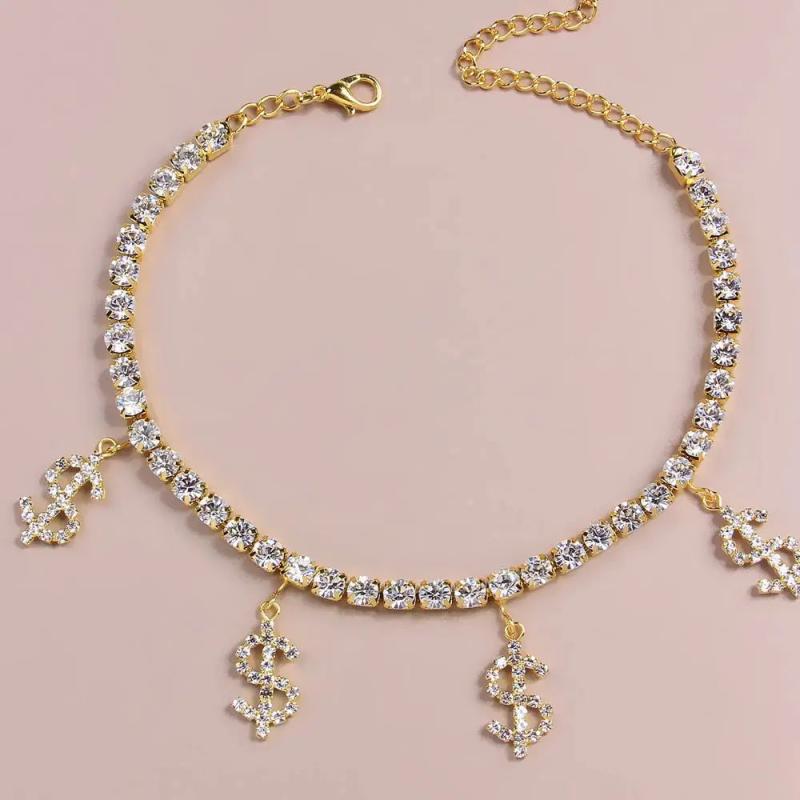 Rhinestone Tennis Chain Anklet with Dollar Sign Pendant