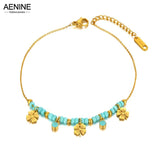 Titanium Stainless Steel Link Chain Anklet Glaze Flower Charm Jewelry