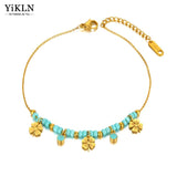 Titanium Stainless Steel Link Chain Anklet Glaze Flower Charm Foot Jewelry