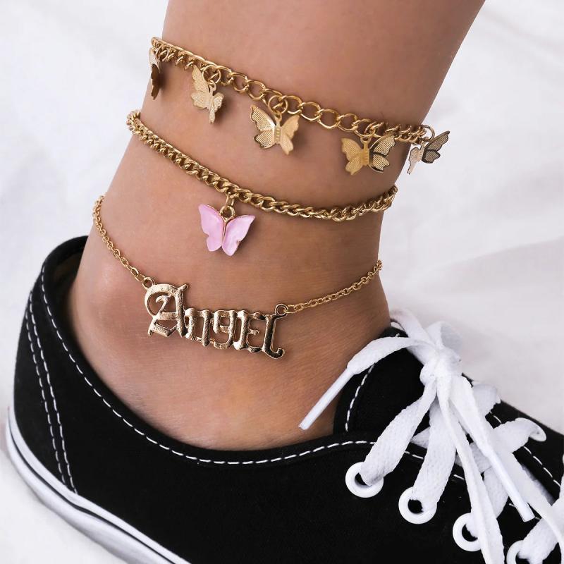 Punk Multilayered Lock Snake Chain Anklet HipHop Butterfly Anklets